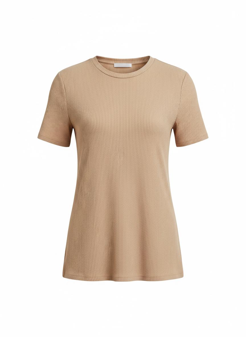 Beige Ribbed T-Shirt for Women